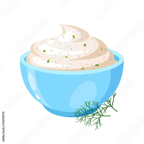 Greek Tzatziki sauce in small ceramic bowl.
