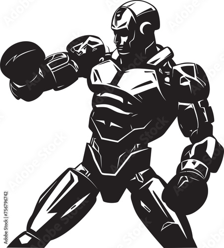 Artificial Athlete: Robot Boxer Vector Black Logo Cybernetic Warrior: Robot Boxer Black Logo Icon Design