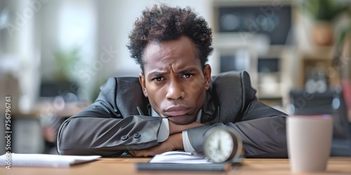 Tired Black manager displaying defeat in an office setting looking hopeless. Concept workplace stress, professional burnout, exhaustion, corporate culture, mental health awareness © Ян Заболотний