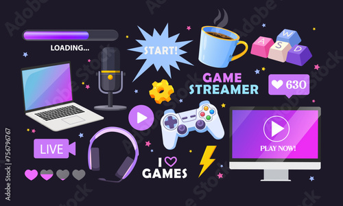 Cartoon gamer elements collection with different modern electronic gadgets.
