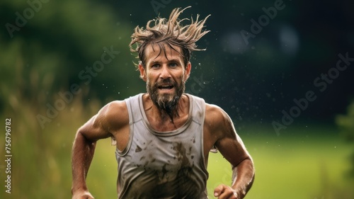A man runs a marathon. Dirt, puddles. cross-country running. Achievements. Overcoming © Al