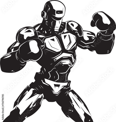 Artificial Athlete: Robot Boxer Vector Black Logo Cybernetic Warrior: Robot Boxer Black Logo Icon Design