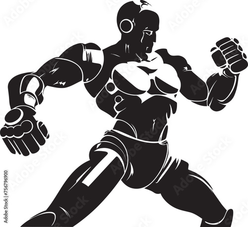 Metallic Warrior: Robot Boxer Black Logo Design Futuristic Puncher: Robot Boxer Vector Icon in Black