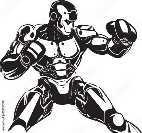 Techno Boxer: Robot Boxer Black Logo Design Robotic Combatant: Robot Boxer Vector Black Icon