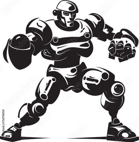 Metallic Warrior: Robot Boxer Black Logo Design Futuristic Puncher: Robot Boxer Vector Icon in Black
