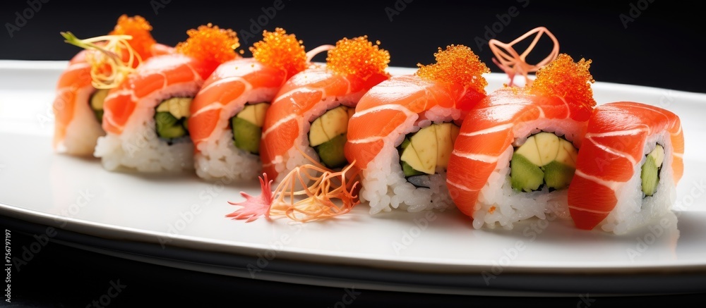 An artfully arranged dish featuring a row of sushi rolls on a white plate, showcasing the beautiful and delicious cuisine of Japanese cuisine. Perfect for any food event or la carte menu An artfully arranged dish featuring a row of sushi rolls on a white plate, showcasing the beautiful and delicious cuisine of Japanese cuisine. Perfect for any food event or la carte menu