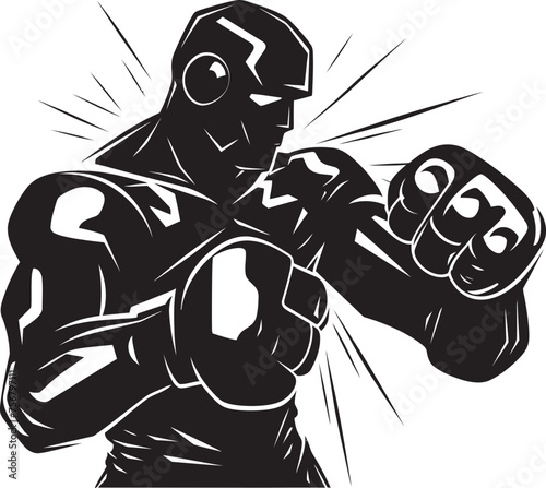 Cybernetic Combatant: Robot Boxer Vector Black Icon Robotic Ringmaster: Robot Boxer Black Logo Icon