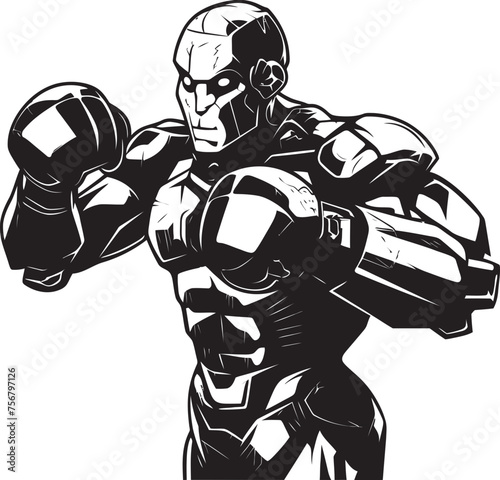 Cybernetic Combatant: Robot Boxer Vector Black Icon Robotic Ringmaster: Robot Boxer Black Logo Icon