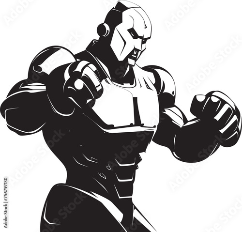Cybernetic Combatant: Robot Boxer Vector Black Icon Robotic Ringmaster: Robot Boxer Black Logo Icon