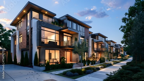 Modern modular private townhouses. Residential minimalist architecture exterior.  photo