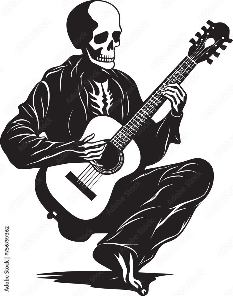 Rhythmic Remains: Skeleton Playing Guitar Logo Icon Eerie Melodies: Skeleton Guitarist Vector Black Logo