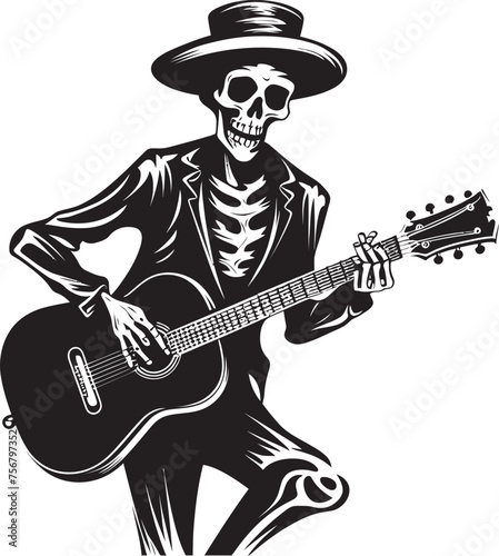 Rhythmic Remains: Skeleton Playing Guitar Logo Icon Eerie Melodies: Skeleton Guitarist Vector Black Logo
