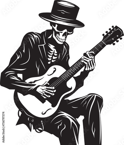 Guitarist of the Dead: Skeleton Vector Black Logo Rhythmic Remains: Skeleton Playing Guitar Logo Icon