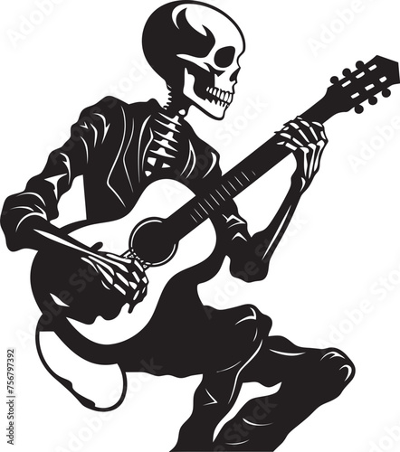Rhythmic Remains: Skeleton Playing Guitar Logo Icon Eerie Melodies: Skeleton Guitarist Vector Black Logo