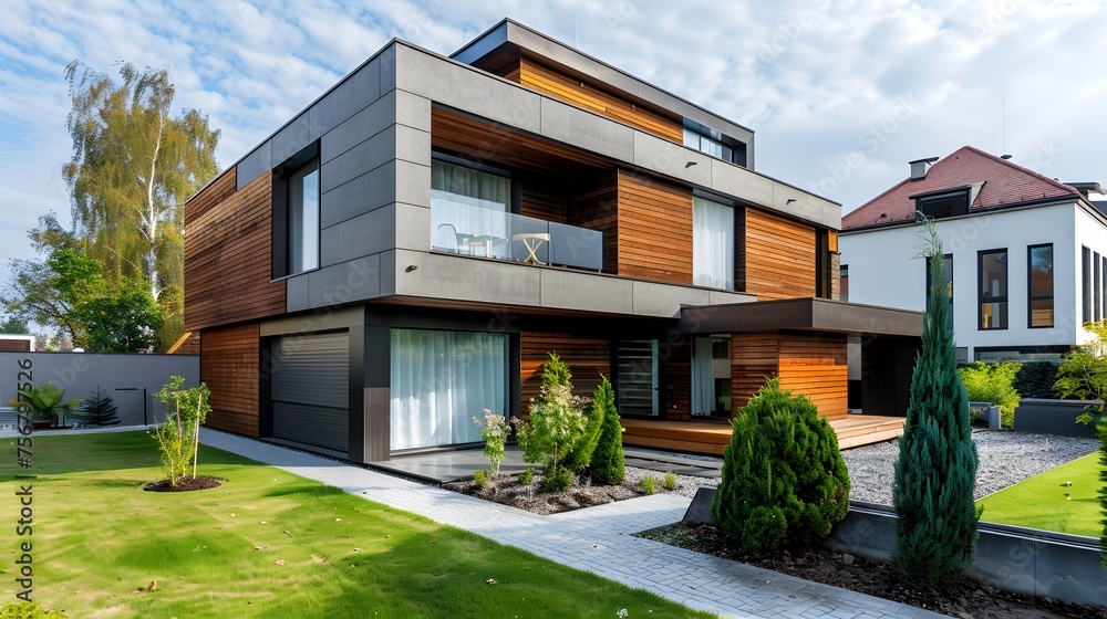 Modern small minimalist cubic house with wooden cladding and concrete ...
