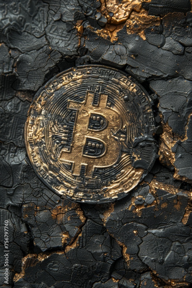 A close-up of a Bitcoin coin on a textured black background with golden cracks.