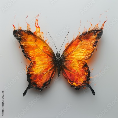 An artistically altered butterfly with wings that resemble bright, burning flames against a pale background.
