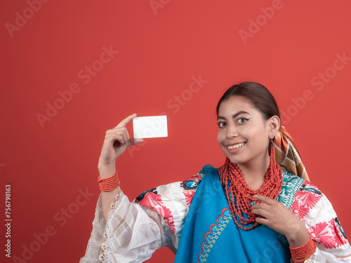 kichwa latina happy girl pointing to a credit card photo