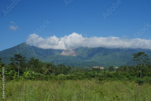 View of Mount Galunggung with its large gaping crater visible from Tasikmalaya city, West Java. 