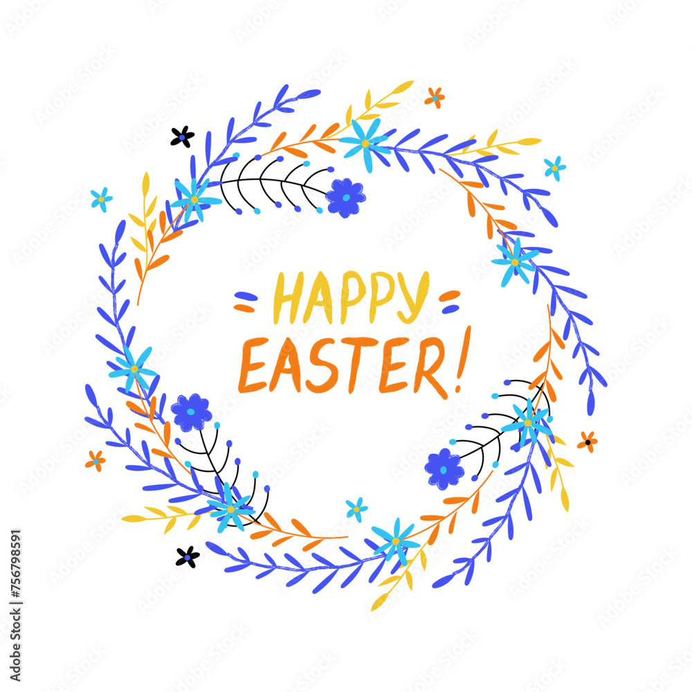 Fototapeta premium Easter greeting card with hand drawn flower wreath and lettering Happy Easter on white background. Vector illustration