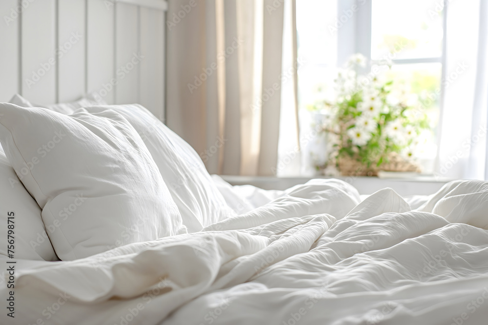 white soft duvet near head of bed with pillows, against background of a large window with flowers,concept of preparing for the winter season, household chores, comfort in the house,hotel,home textiles