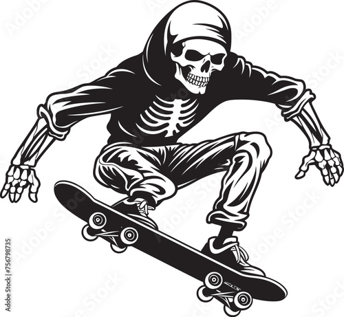 Rad Remains: Skeleton Skateboarder Black Logo Design Ollie Ossuary: Skeleton on Skateboard Vector Icon