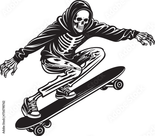 Rad Remains: Skeleton Skateboarder Black Logo Design Ollie Ossuary: Skeleton on Skateboard Vector Icon