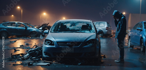 A shaken person involved in a car accident sits at the scene of the accident and is distraught