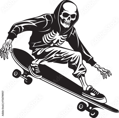 Rad Remains: Skeleton Skateboarder Black Logo Design Ollie Ossuary: Skeleton on Skateboard Vector Icon