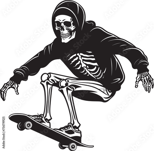 Ollie Ossuary: Skeleton on Skateboard Black Logo Icon Skully Skater: Skateboard Skeleton Vector Design