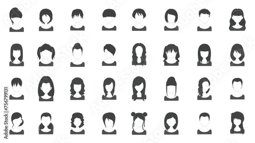 Avatar of woman icons. Black and white face avatar collection. Women's hairstyles icons set