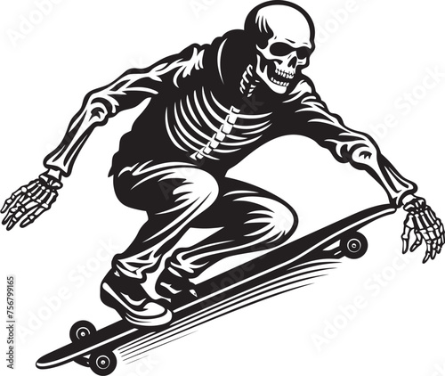 Spine Thrasher: Skeleton on Skateboard Black Logo Icon Design Rad Remains: Skeleton Riding Skateboard Vector Black Logo