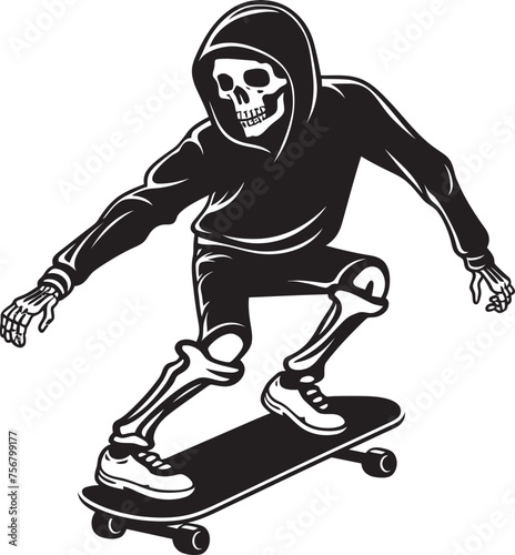 Skeletal Shred: Skateboard Skeleton Black Logo Design Bone Rider: Skeleton on Skateboard Vector Icon