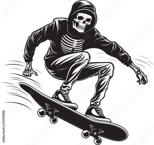 Bone Cruiser: Skeleton on Skateboard Vector Design Radical Remains: Skeleton Riding Skateboard Black Logo
