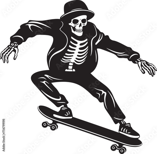 Rad Remains: Skeleton Riding Skateboard Vector Black Logo Ollie Ossuary: Skeleton on Skateboard Black Logo Design