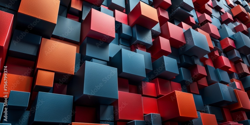 A wall of red, blue and orange cubes - stock background. A wall of red, blue and orange cubes - stock background.