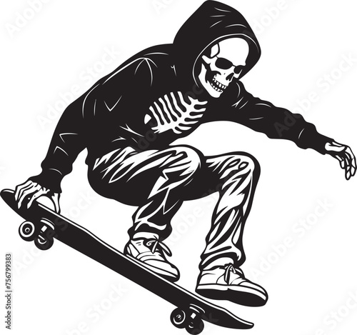 Radical Remains: Skeleton Riding Skateboard Vector Design Ollie Ossuary: Skeleton on Skateboard Black Logo Icon