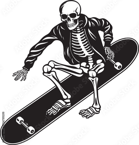 Skully Shred: Skeleton on Skateboard Black Logo Design Spine Chiller: Skeleton Skateboarder Black Icon