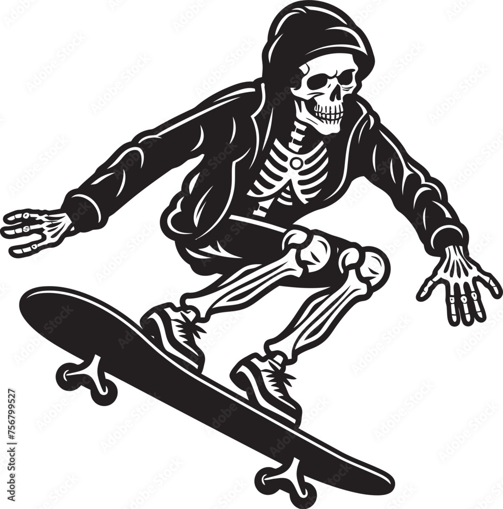 Bone Boarder: Skeleton on Skateboard Black Logo Icon Design Ramp Rider: Skeleton Riding Skateboard Vector Black Logo