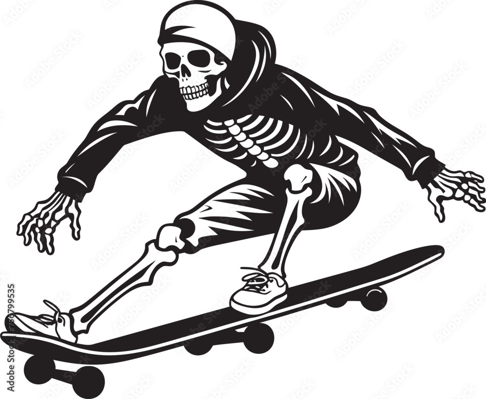 Rad Remains: Skeleton Riding Skateboard Vector Black Logo Ollie Ossuary: Skeleton on Skateboard Black Logo Design