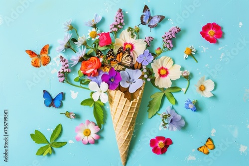 Summer background. Postcard. Flowers, ice cream. bouquet. Spring. March 8. Birthday