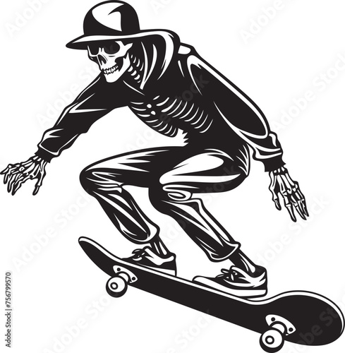 Spine Thrasher: Skeleton on Skateboard Black Logo Icon Design Rad Remains: Skeleton Riding Skateboard Vector Black Logo