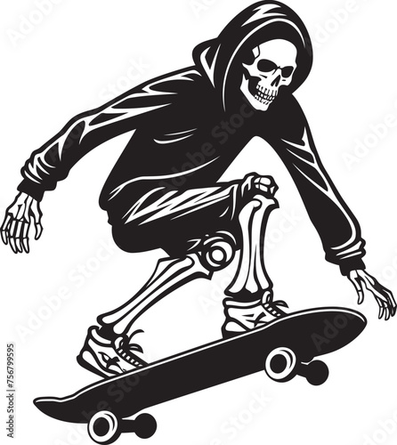 Rad Remains: Skeleton Riding Skateboard Vector Black Logo Ollie Ossuary: Skeleton on Skateboard Black Logo Design