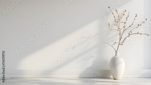 Modern living room with floral accents. Vase with pink blossoms on table against white wall, home interior background with copy space.