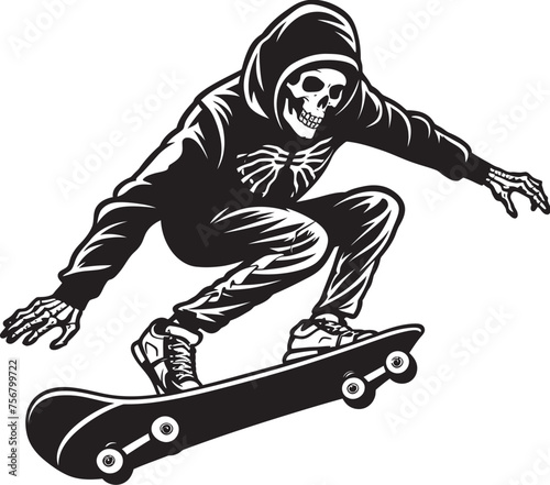Rad Remains: Skeleton Skateboarder Black Logo Design Ollie Ossuary: Skeleton on Skateboard Vector Icon