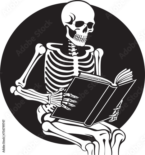 Grim Grimoire: Skeleton with Open Book Black Logo Icon Macabre Manuscripts: Skeleton Reading Book Vector Design © BABBAN