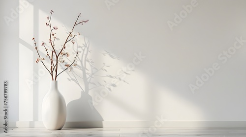 Elegant spring blossom in white vase soft light design. Stylish floral arrangement on wooden table nature inspired home decor. Minimalist interior in ceramic rustic white background.
