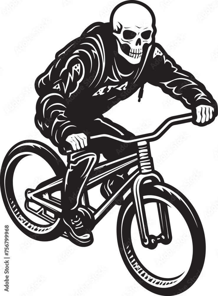 Bone Shredder: Skeleton BMX Rider Black Logo Icon Spine-Chilling Spin: Skeleton on BMX Cycle Vector Design Bone Shredder: Skeleton BMX Rider Black Logo Icon Spine-Chilling Spin: Skeleton on BMX Cycle Vector Design