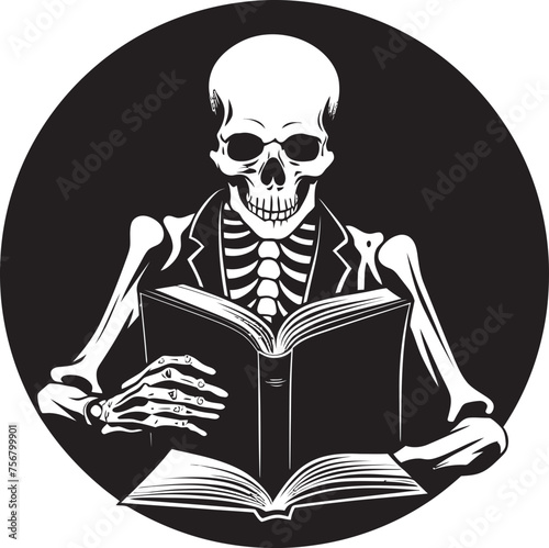 Bony Bibliophile: Skeleton Engrossed in Reading Black Logo Spine Chiller: Skeleton Absorbed in Book Black Icon Design