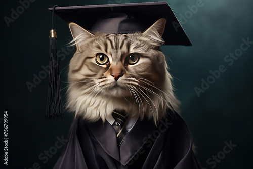 Serious Cat in Graduation Gown Against Dramatic Background
